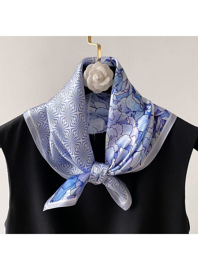 MEISEE 100% Mulberry Silk Scarfs Small Square Scarf 21" x 21" Neck Scarf Breathable Lightweight for Women Gift Packed-Light blue flowers - Image 2
