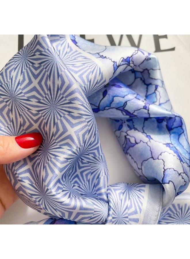 MEISEE 100% Mulberry Silk Scarfs Small Square Scarf 21" x 21" Neck Scarf Breathable Lightweight for Women Gift Packed-Light blue flowers - Image 3