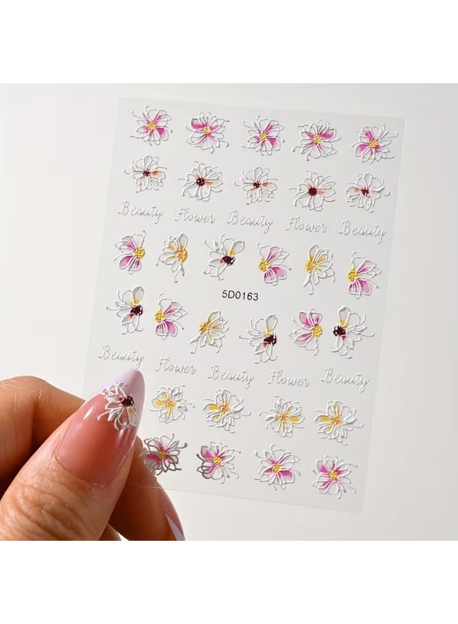 Goolsky 5D Embossed Hollow Butterfly Flower Nail Decals - Self-Adhesive Hypoallergenic Nail Art Stickers with Pink Purple Yellow Floral Lace Resin Glitter - Image 3