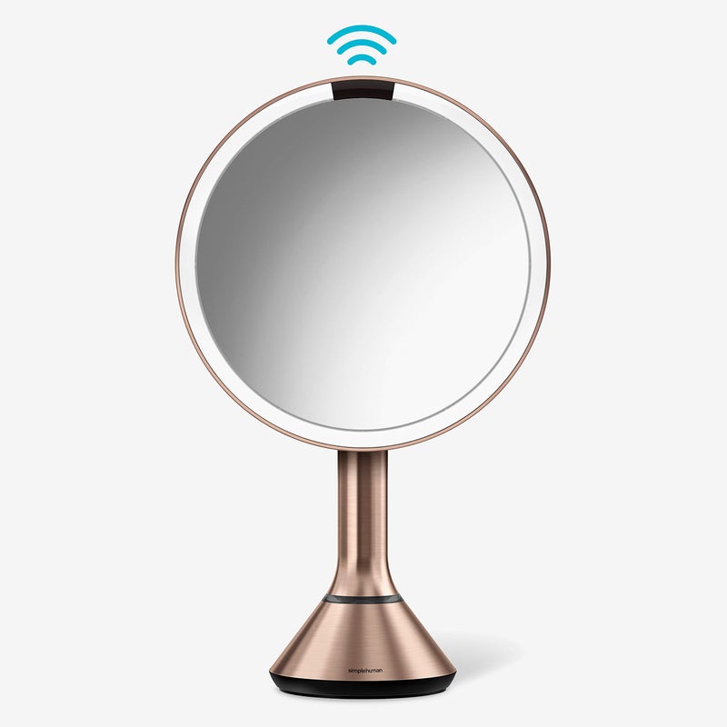 simplehuman Sensor Mirror, Lighted Makeup Mirror with Magnification (5X), 8" Round Magnifying Vanity Mirror with Lights, Cordless, Rose Gold Stainless Steel - Image 1