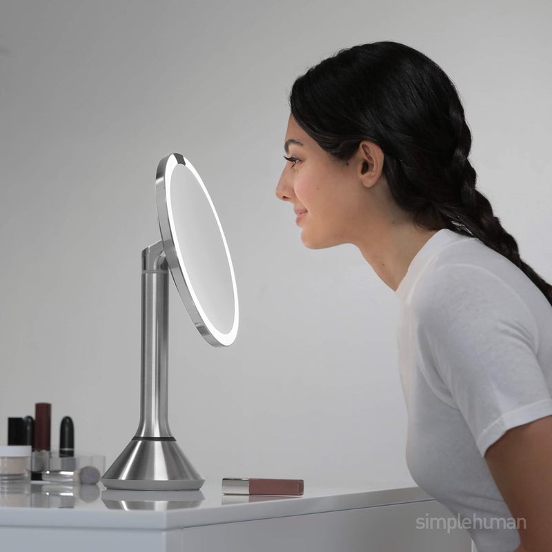simplehuman Sensor Mirror, Lighted Makeup Mirror with Magnification (5X), 8" Round Magnifying Vanity Mirror with Lights, Cordless, Rose Gold Stainless Steel - Image 3