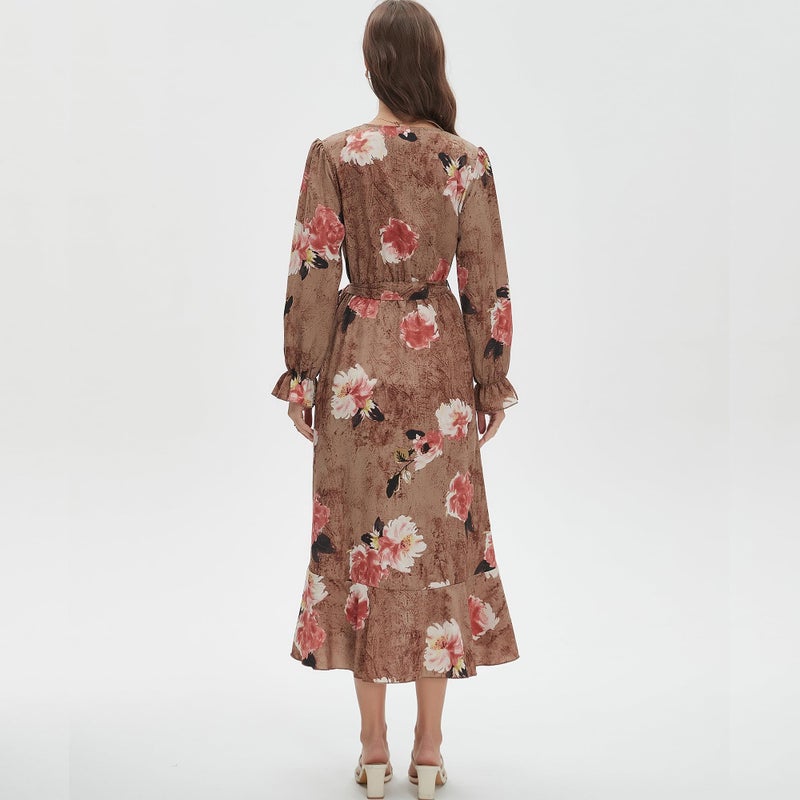 Max Hsuan Women's Floral Bohemian Dress Long Sleeve Wrap V Neck Ruffle Flowy Maxi Casual Tie Waist Boho Asymmetrical Vacation Dresses - Image 5