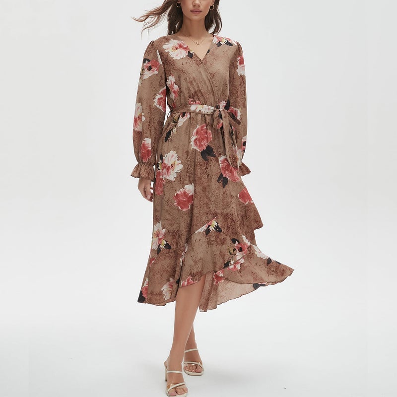 Max Hsuan Women's Floral Bohemian Dress Long Sleeve Wrap V Neck Ruffle Flowy Maxi Casual Tie Waist Boho Asymmetrical Vacation Dresses - Image 2