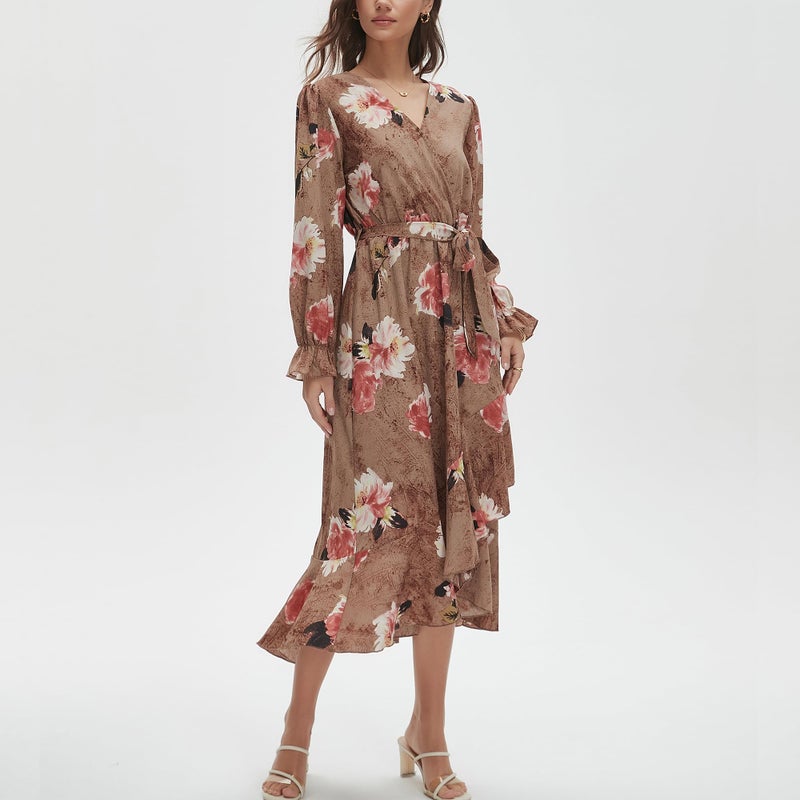 Max Hsuan Women's Floral Bohemian Dress Long Sleeve Wrap V Neck Ruffle Flowy Maxi Casual Tie Waist Boho Asymmetrical Vacation Dresses - Image 4
