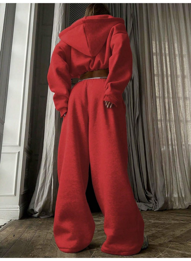 NIBEMINENT Casual Two Piece Sets Women Outfit Solid Color Solid Color Loose Sports In Autumn Winter Pant Sets Long-sleeved Short Top Set - Image 2