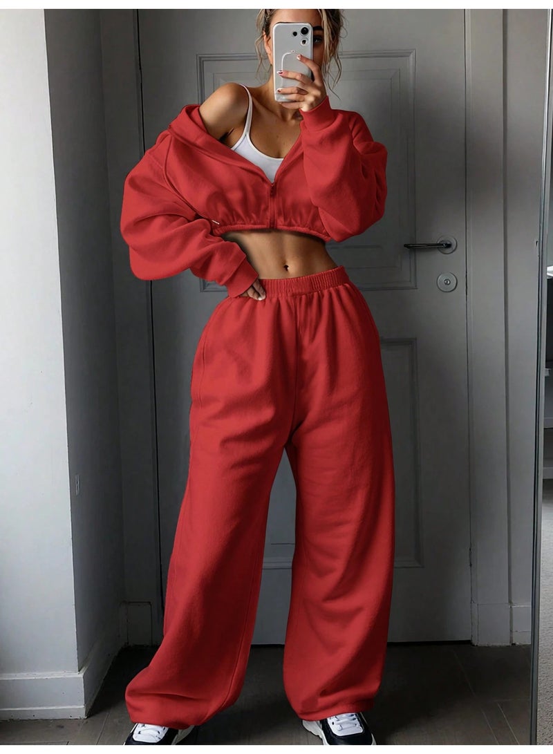 NIBEMINENT Casual Two Piece Sets Women Outfit Solid Color Solid Color Loose Sports In Autumn Winter Pant Sets Long-sleeved Short Top Set - Image 1