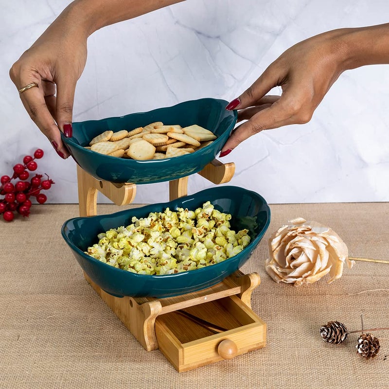 EZ Life 2 Layer Nordic Green Ceramic Platters on Wooden Stand with Cutlery Drawer - Dinnerware - Kitchenware, Bowls with Wooden Stand - Image 4