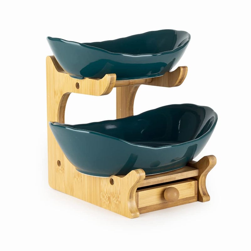 EZ Life 2 Layer Nordic Green Ceramic Platters on Wooden Stand with Cutlery Drawer - Dinnerware - Kitchenware, Bowls with Wooden Stand - Image 5