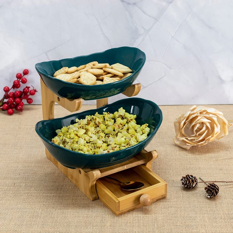 EZ Life 2 Layer Nordic Green Ceramic Platters on Wooden Stand with Cutlery Drawer - Dinnerware - Kitchenware, Bowls with Wooden Stand - Image 2