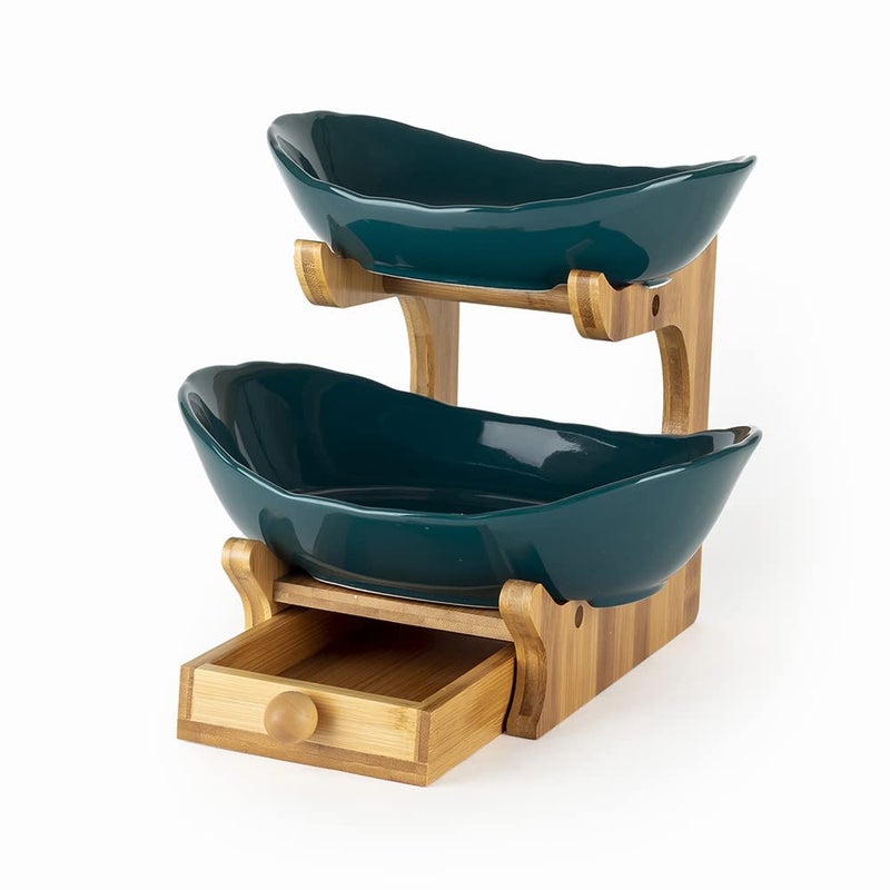 EZ Life 2 Layer Nordic Green Ceramic Platters on Wooden Stand with Cutlery Drawer - Dinnerware - Kitchenware, Bowls with Wooden Stand - Image 3