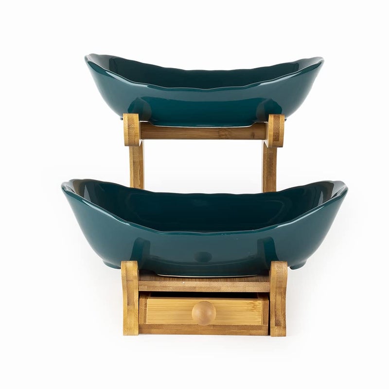 EZ Life 2 Layer Nordic Green Ceramic Platters on Wooden Stand with Cutlery Drawer - Dinnerware - Kitchenware, Bowls with Wooden Stand - Image 1