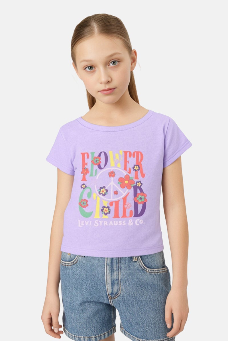 Levi's تي شيرت قصير الأكمام للبنات، مطبوع برسومات، بنفسجي - Image 1