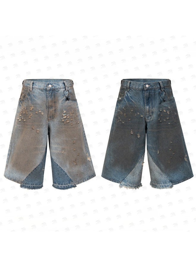Bear Fresh Wide Washed Distressed Denim Shorts – Streetwear Style - Image 1