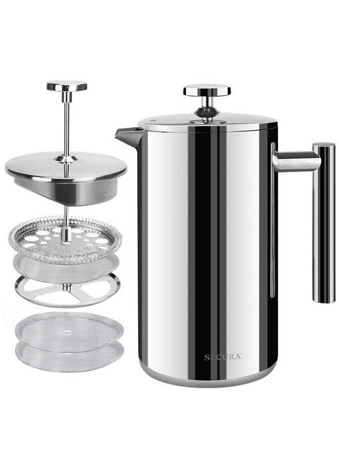 Secura French Press Coffee Maker, 304 Grade Stainless Steel Insulated Coffee Press with 2 Extra Screens, 50oz (1.5 Litre), Silver - Image 1