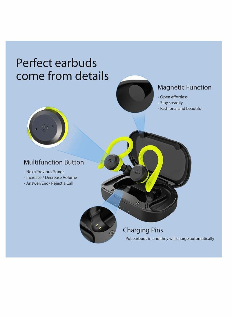 KASTWAVE Sport Bluetooth Headphones True Wireless Earbuds with Charging Case IPX7 Waterproof Premium HIFI Stereo Sound Earphones Built in Mic In Ear Headsets Deep Bass for Running Green  - Image 4
