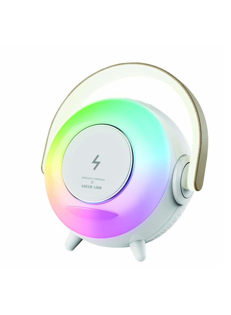 GREEN LION Uranus Bluetooth Speaker and Wireless Charger with Table Lamp / Transmission Range 20 m / Charging Time 2 Hrs  / 8 Lighting Modes & Lights 22 RGB + 22 White / 6 Hrs Working Time - White - Image 1
