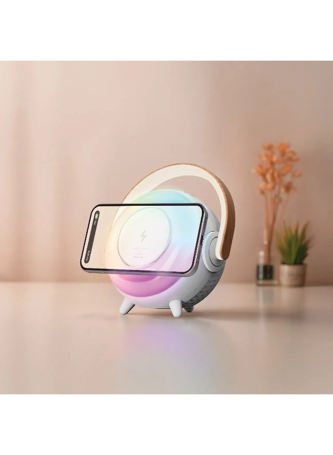 GREEN LION Uranus Bluetooth Speaker and Wireless Charger with Table Lamp / Transmission Range 20 m / Charging Time 2 Hrs  / 8 Lighting Modes & Lights 22 RGB + 22 White / 6 Hrs Working Time - White - Image 3