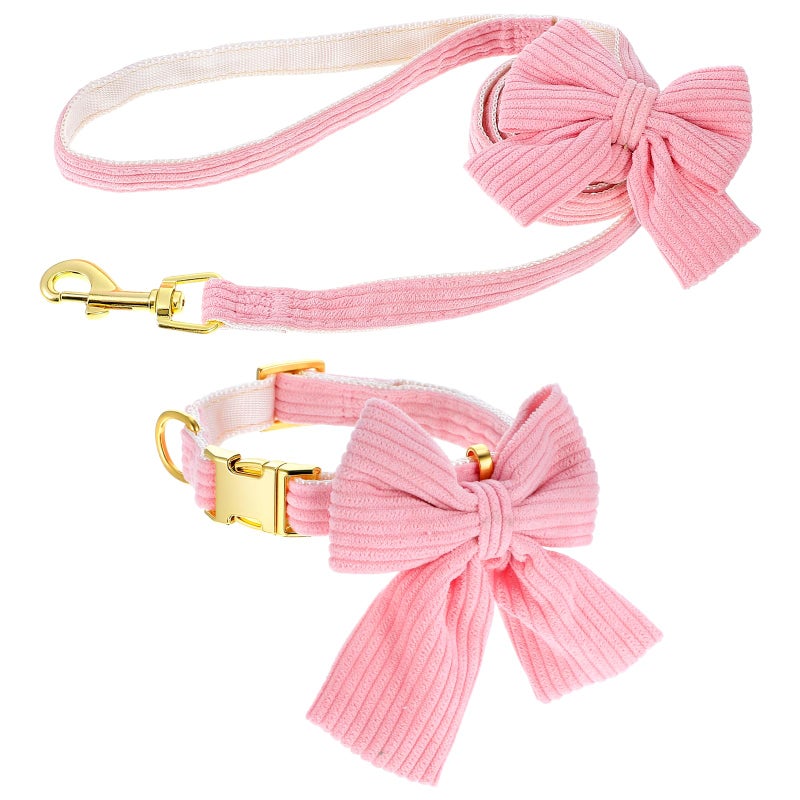 WJIAAA Dog Collar and Leash Set with Bowtie, Pink Cute Girl Dog Collars Bow Metal Buckle Adjustable Corduroy Dogs Collar 10â€˜â€™-16â€˜â€™for Small Medium Puppy Dogs with 5 FT Leash Pink S - Image 1