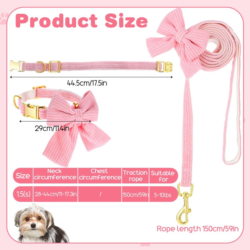 WJIAAA Dog Collar and Leash Set with Bowtie, Pink Cute Girl Dog Collars Bow Metal Buckle Adjustable Corduroy Dogs Collar 10â€˜â€™-16â€˜â€™for Small Medium Puppy Dogs with 5 FT Leash Pink S - Image 2