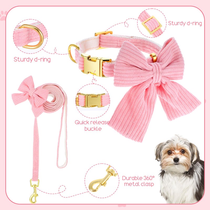 WJIAAA Dog Collar and Leash Set with Bowtie, Pink Cute Girl Dog Collars Bow Metal Buckle Adjustable Corduroy Dogs Collar 10â€˜â€™-16â€˜â€™for Small Medium Puppy Dogs with 5 FT Leash Pink S - Image 3