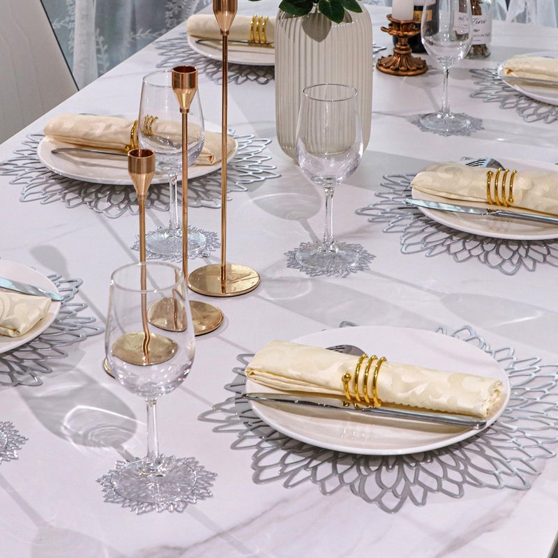 Snowkingdom Snowkingdom 12 Pairs of Silver Placemats & Coasters 24 Pcs Matching  Metallic Vinyl Dinning Table Mats  Round Flower Charger Plates Decoration Bulk for Winter Holiday Christmas Thanksgiving Party  - Image 4