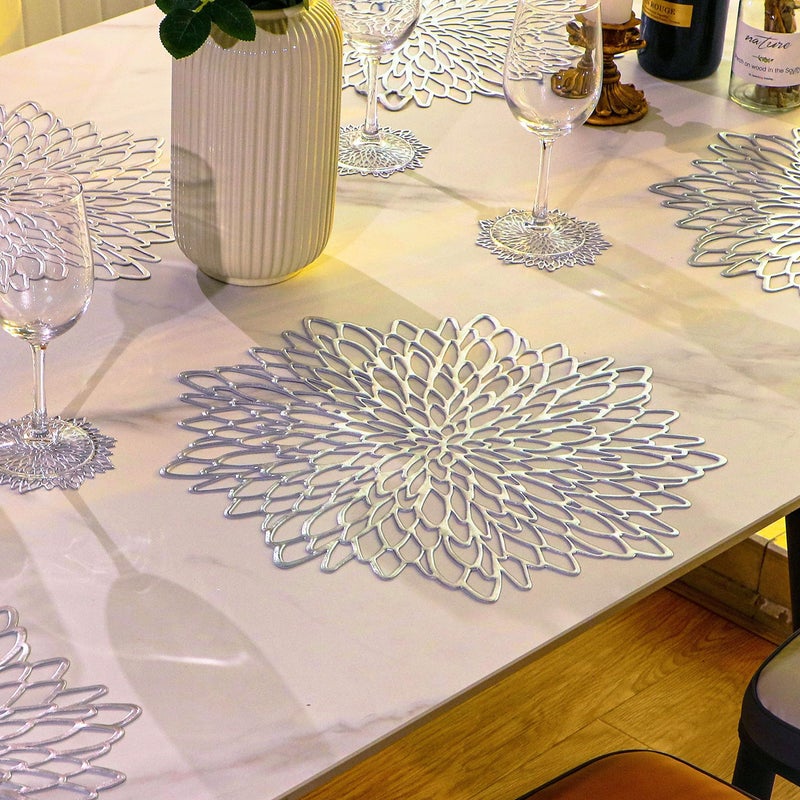 Snowkingdom Snowkingdom 12 Pairs of Silver Placemats & Coasters 24 Pcs Matching  Metallic Vinyl Dinning Table Mats  Round Flower Charger Plates Decoration Bulk for Winter Holiday Christmas Thanksgiving Party  - Image 5