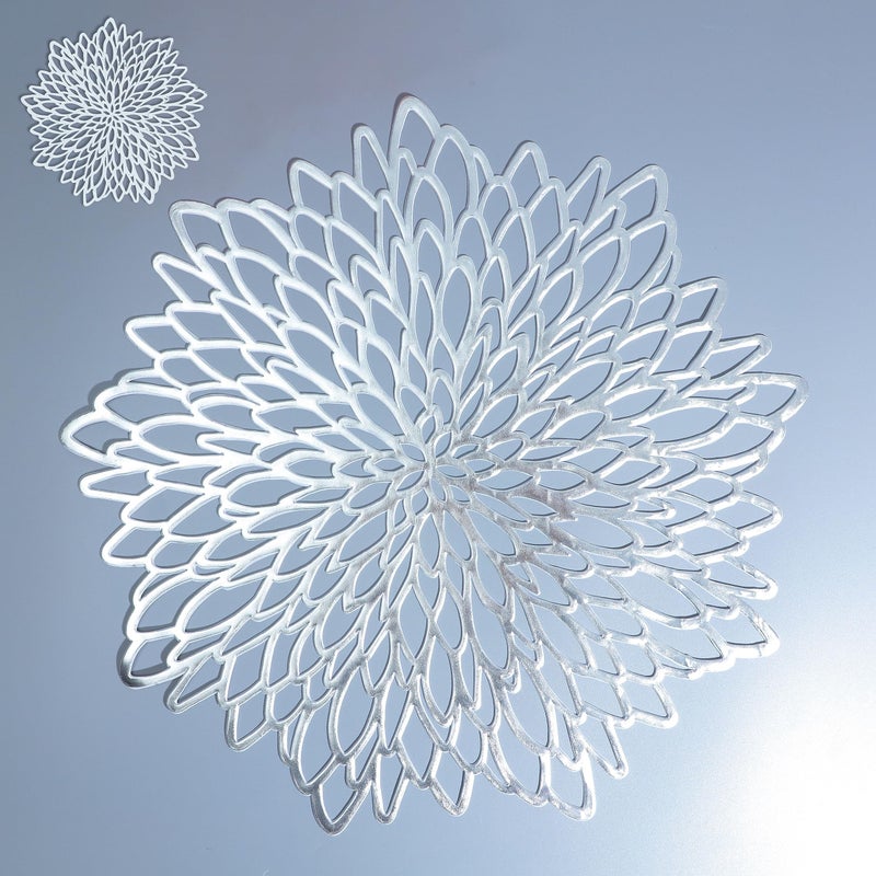 Snowkingdom Snowkingdom 12 Pairs of Silver Placemats & Coasters 24 Pcs Matching  Metallic Vinyl Dinning Table Mats  Round Flower Charger Plates Decoration Bulk for Winter Holiday Christmas Thanksgiving Party  - Image 1