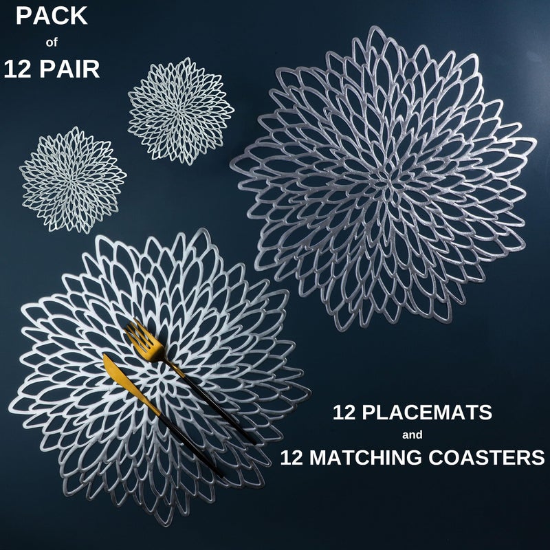 Snowkingdom Snowkingdom 12 Pairs of Silver Placemats & Coasters 24 Pcs Matching  Metallic Vinyl Dinning Table Mats  Round Flower Charger Plates Decoration Bulk for Winter Holiday Christmas Thanksgiving Party  - Image 2
