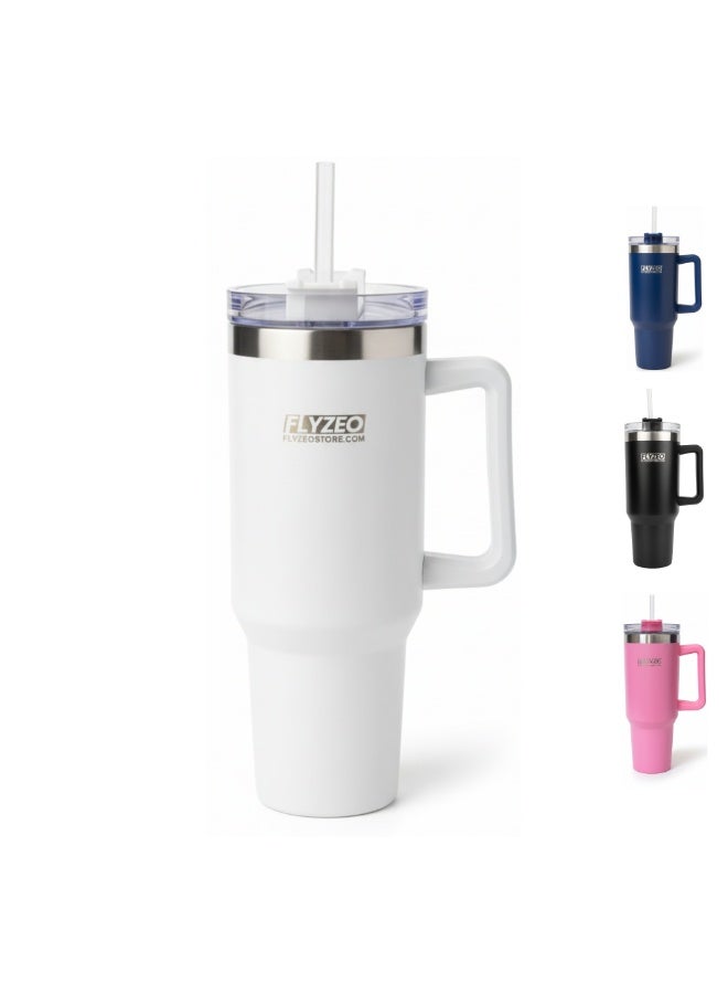 FLYZEO 40oz Stainless Steel Insulated Tumbler – Double Wall Vacuum Flask with Handle & Straw Lid | Hot & Cold for 18 Hours | Leakproof, BPA-Free & Eco-Friendly Travel Mug - White - Image 1