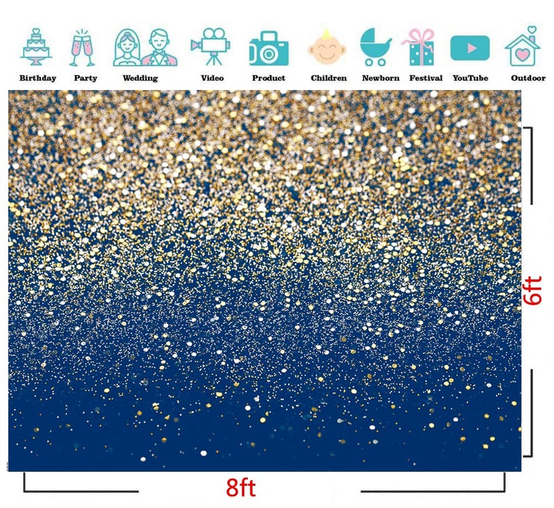 CYLYH 8X6FT Royal Blue Glitter Backdrop With Gold Spots Bokeh for Birthday, Wedding, Prom, Graduation Photography - Happy New Year Background - Image 3