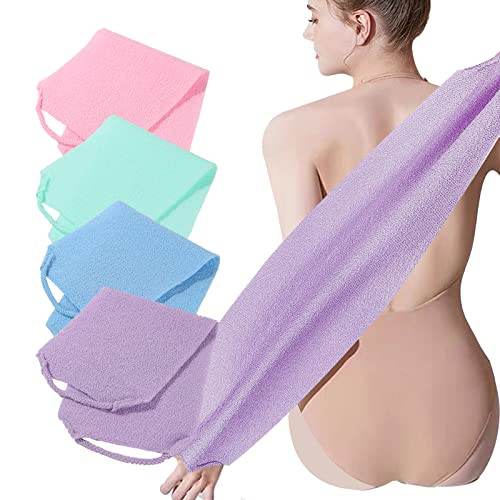 LZCNM 4 Pack Exfoliating Body Scrubber with Handles, Nylon Exfoliating Cloth Extended Length Back Scrubber Stretchable Pull Strap Shower Back Scrubber for Shower for Women&Men(4 Pack-Green+Blue+Purple+Pink) - Image 5