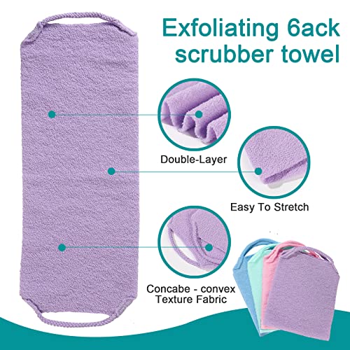 LZCNM 4 Pack Exfoliating Body Scrubber with Handles, Nylon Exfoliating Cloth Extended Length Back Scrubber Stretchable Pull Strap Shower Back Scrubber for Shower for Women&Men(4 Pack-Green+Blue+Purple+Pink) - Image 3