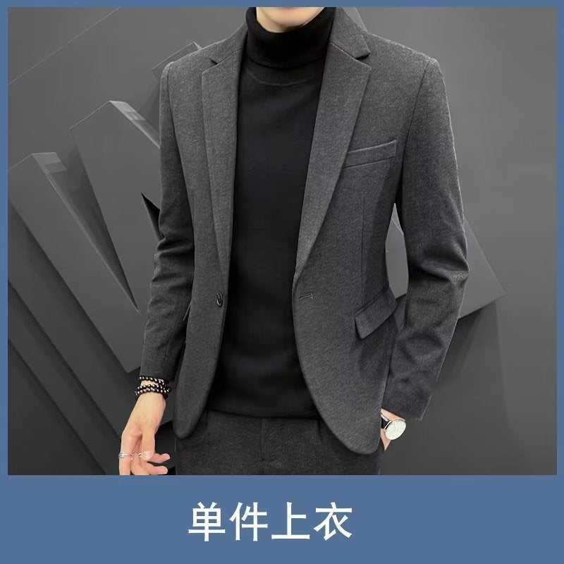 2025 Autumn/Winter Casual Blazer Men'S Business Style Slim Fit Trendy Woolen Men'S Suit Set - Image 1