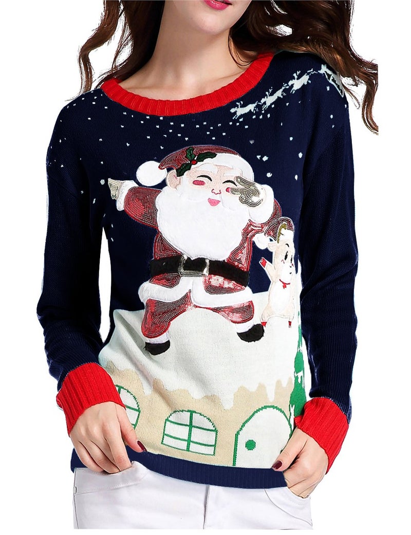 v28 Ugly Christmas Sweater for Women Boat Neck Long Sleeve Vintage Funny Merry Tunic Knit Sweaters (Navy M) - Image 1