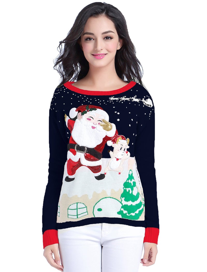 v28 Ugly Christmas Sweater for Women Boat Neck Long Sleeve Vintage Funny Merry Tunic Knit Sweaters (Navy M) - Image 2