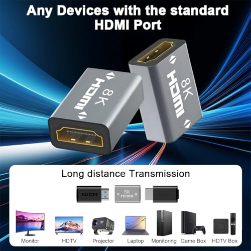 Verilux® 2Pcs 8K HDMI Connector, HDMI 2.1 Female to Female Extension Adapter to Extend 2 Short Cables, Support 8K@60Hz / 4K@120Hz 120UHD, 3D, HDR, ARC for Laptop, PC, Monitor, Roku TV - Image 5