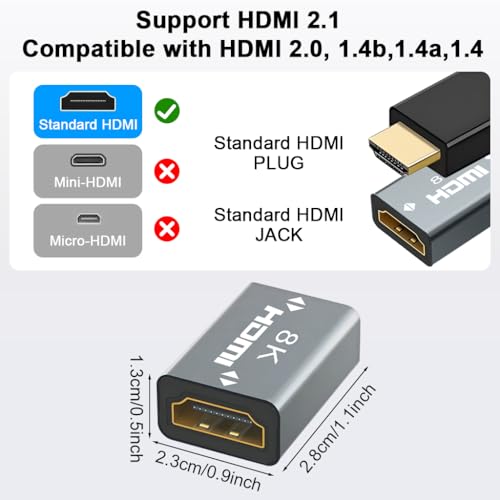 Verilux® 2Pcs 8K HDMI Connector, HDMI 2.1 Female to Female Extension Adapter to Extend 2 Short Cables, Support 8K@60Hz / 4K@120Hz 120UHD, 3D, HDR, ARC for Laptop, PC, Monitor, Roku TV - Image 3