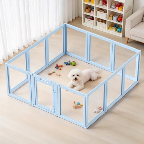 LoveTail DIY Clear Acrylic Dog Playpen House,Quick Easy Assembly and Disassembly,Strong Floor Suction,Indoor and Outdoor Use,Easy Cleansing Puppy Fence (Sky Blue, 23.6" H, 12PCS) - Image 1