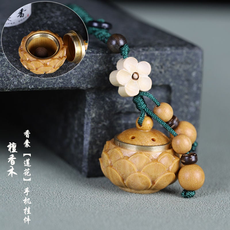 Elegant Hollow Out Wooden Sandalwood Incense Burner Unique Pendant Lanyard Small Bell Charm Aromatic Clasp Unique Accessories [Lotus] keychain 