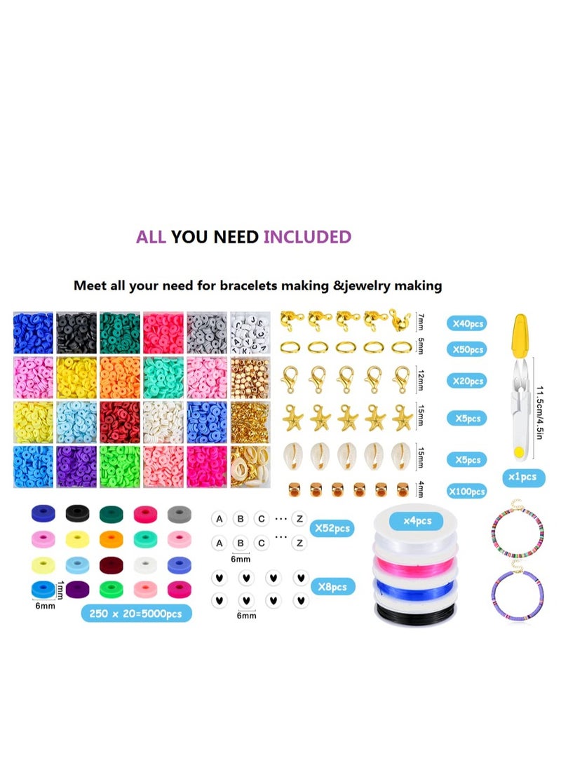 Clay Beads for Bracelet Making 6mm Flat Round Polymer Clay Heishi Beads with Pendant Charms Kit Letter Beads and Elastic Strings for DIY Bracelets Necklace Jewelry Making - Image 2