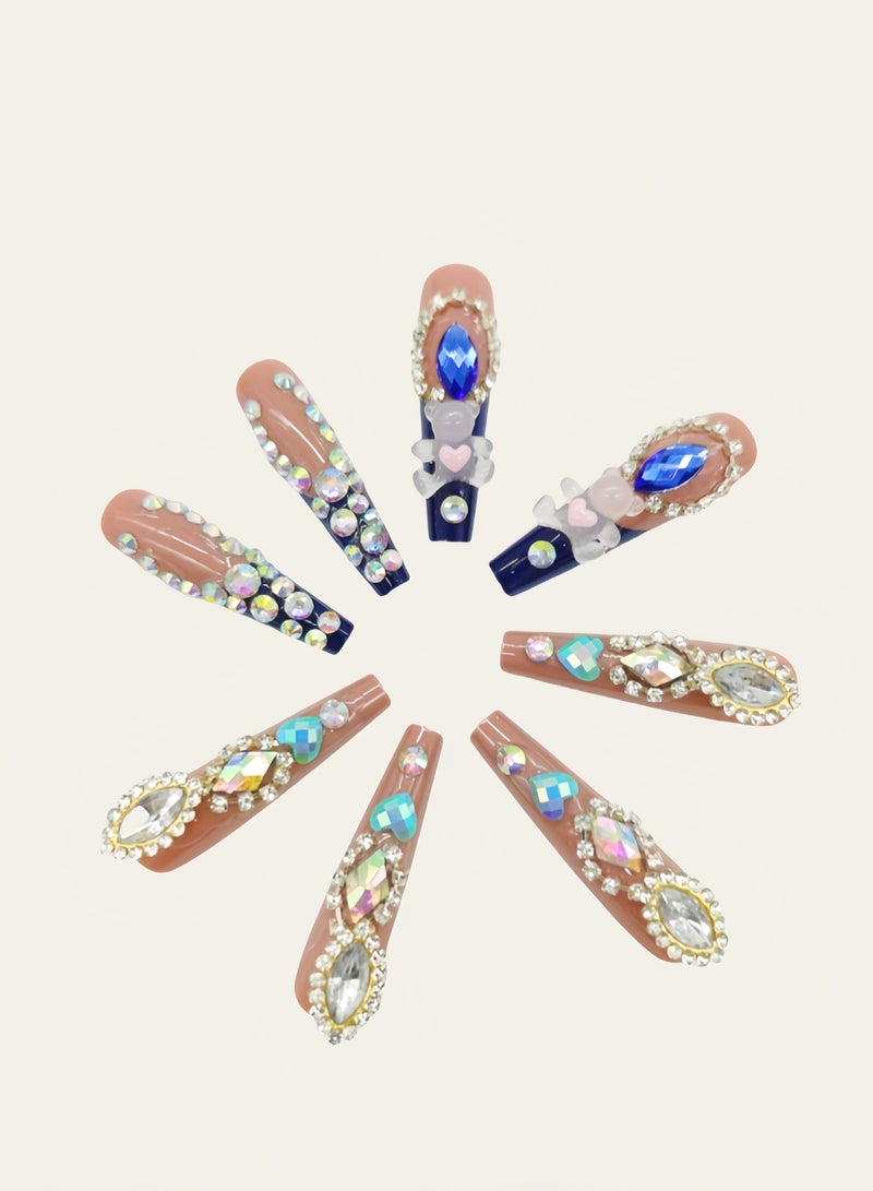 Press-on nails,24 pieces,warm-toned glitter heart crystal Artificial Nails, classy nails in elegant almond shape. Safely remove at home without damage. Includes glue kit. - Image 1