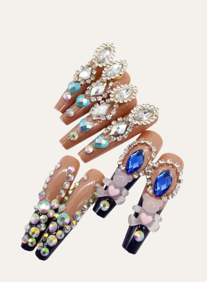 Press-on nails,24 pieces,warm-toned glitter heart crystal Artificial Nails, classy nails in elegant almond shape. Safely remove at home without damage. Includes glue kit. - Image 2