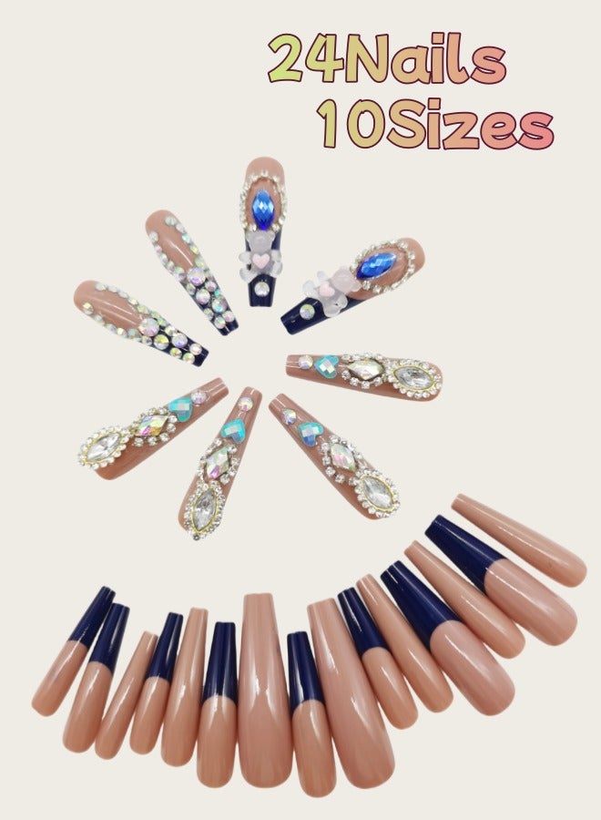Press-on nails,24 pieces,warm-toned glitter heart crystal Artificial Nails, classy nails in elegant almond shape. Safely remove at home without damage. Includes glue kit. - Image 3