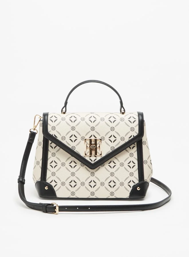 ايل Women's Monogram Print Satchel Bag with Top Handle and Twist Clasp Closure