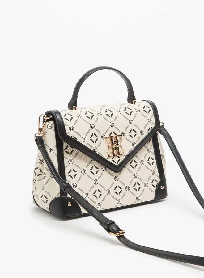 ايل Women's Monogram Print Satchel Bag with Top Handle and Twist Clasp Closure