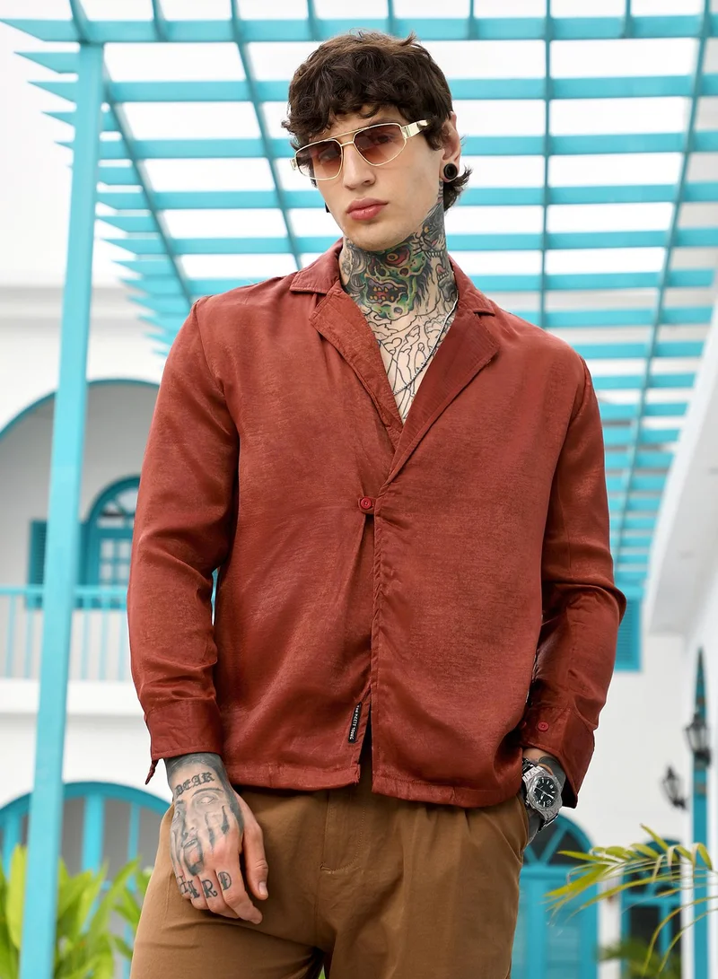 كامبوس سوترا Campus Sutra Men's Brick Red Cuban-Modular Shirt | Notch Collar , Long Cuffed Sleeves , Button Closure , Straight Hem | Solid Plain | Polyester Shirt For Casual Wear