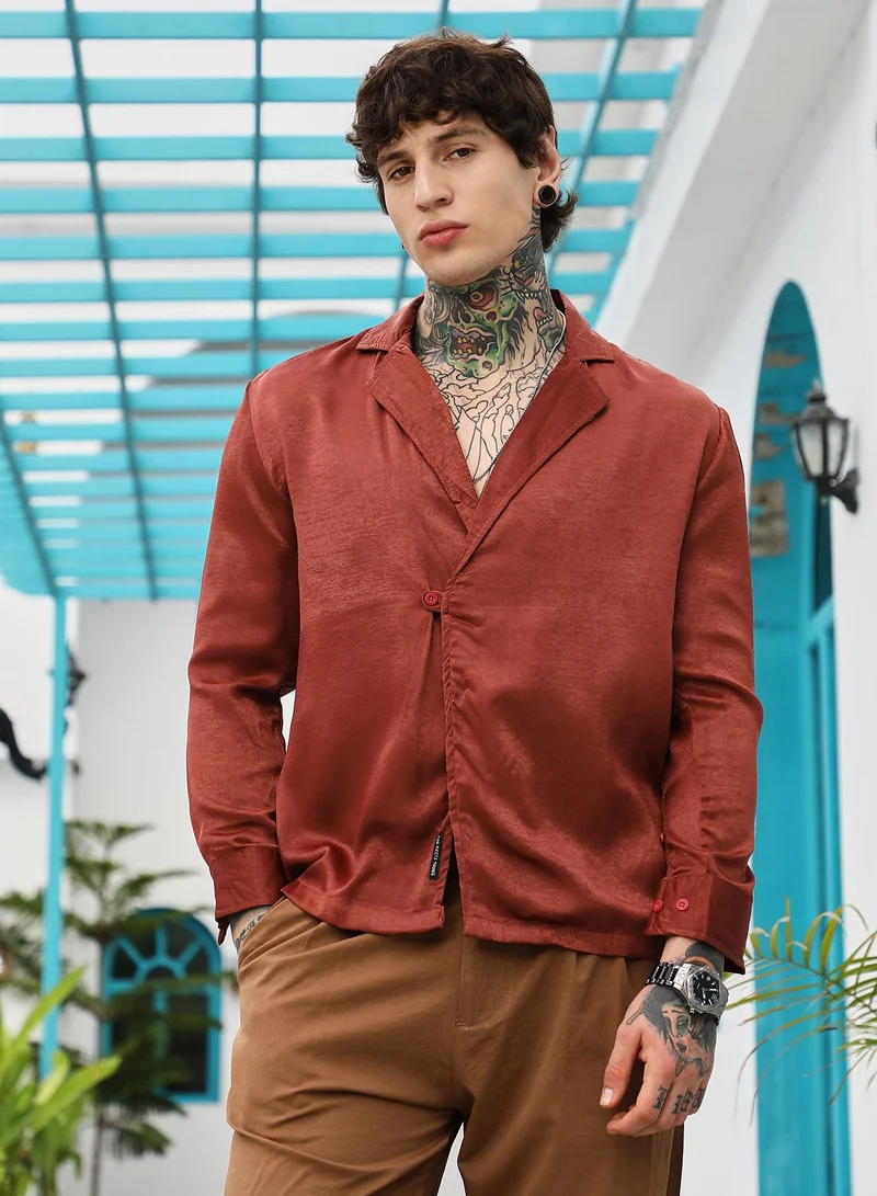 كامبوس سوترا Campus Sutra Men's Brick Red Cuban-Modular Shirt | Notch Collar , Long Cuffed Sleeves , Button Closure , Straight Hem | Solid Plain | Polyester Shirt For Casual Wear