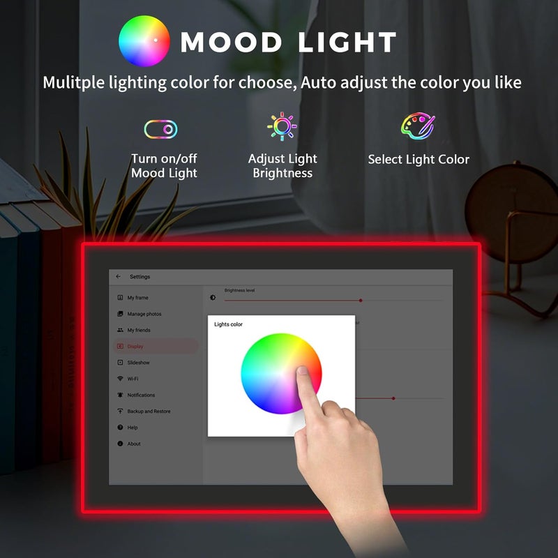 إطار الصور الرقمي Edge-Light بحجم 10.1 بوصة، شاشة IPS، شريط LED متغير الألوان بتقنية الذكاء الاصطناعي، مشاركة سريعة للصور/الفيديوهات، إعداد سهل في تطبيق Frameo، أفضل إطار رقمي للهدايا - Image 3