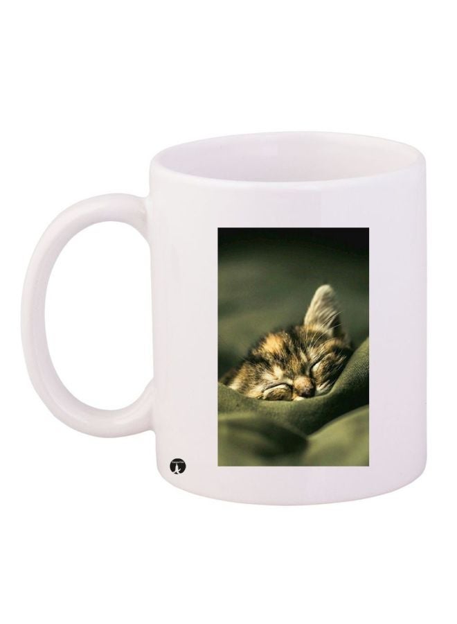 RYN Cat Printed Coffee Mug White/Green/Beige 11ounce