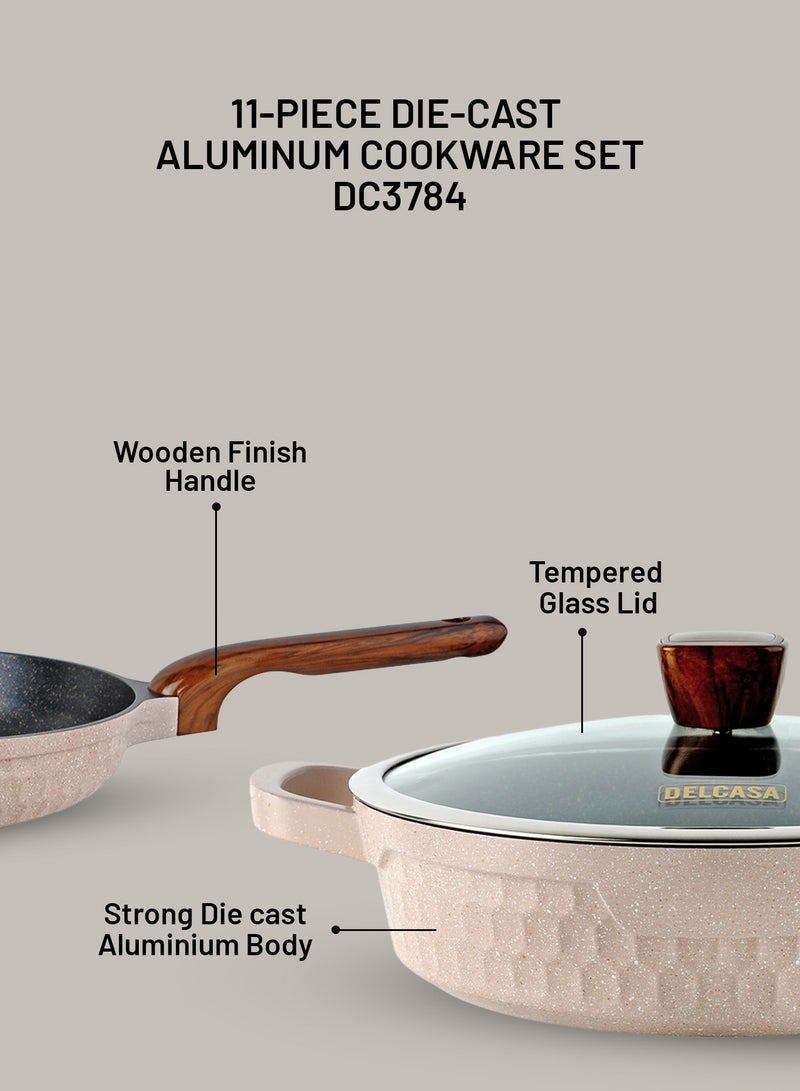 ديلكاسا طقم أواني طهي من الألومنيوم المصبوب من ديلكاسا، مكون من 11 قطعة، طراز DC3784، مطلي بمادة مانعة للالتصاق، بقاعدة مناسبة للطهي بالحث، وغطاء زجاجي مقوى، خالٍ من مادة PTFE وPFOA - Image 5